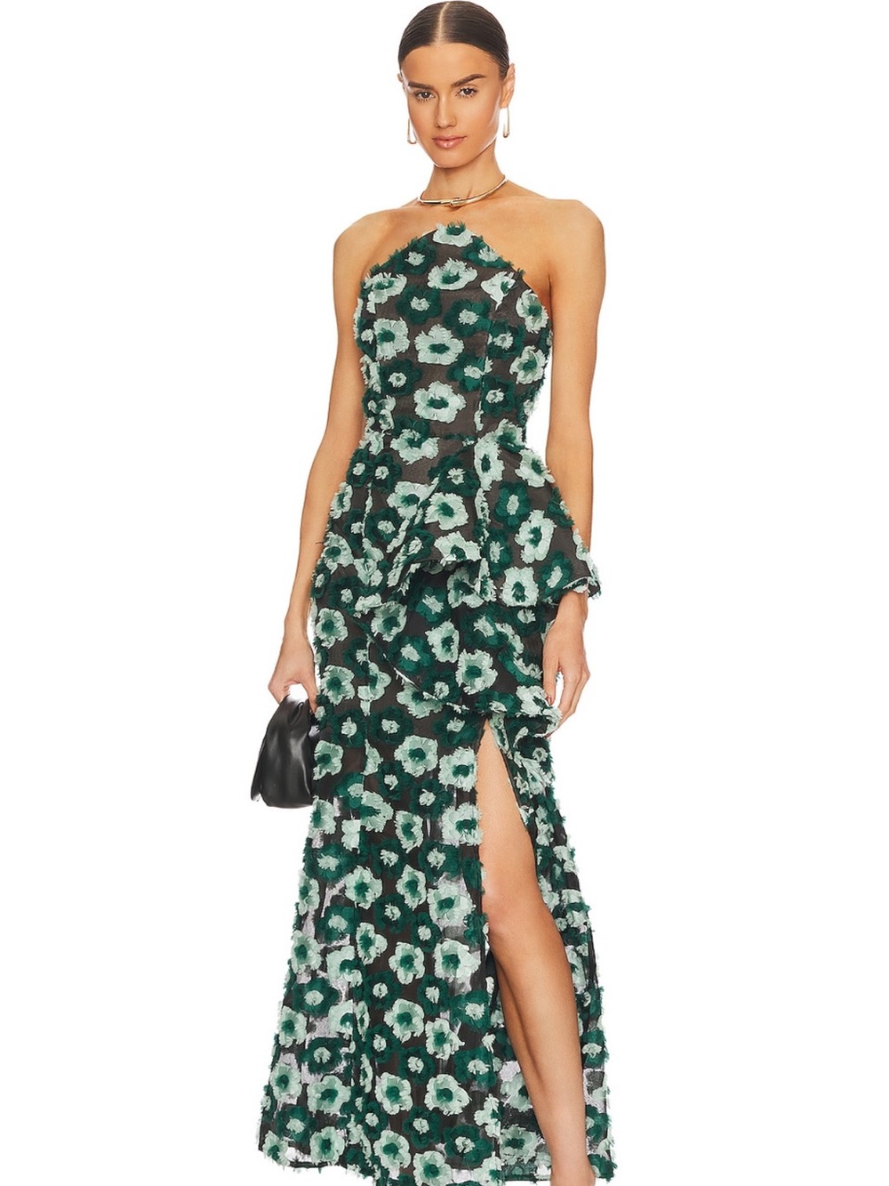Elliatt Georgina Green Floral Strapless Ruffled Maxi Dress